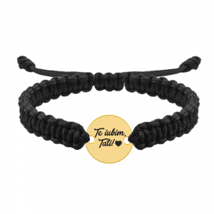 Bratara argint banut 16 mm si snur negru impletit - personalizata cu text - placat cu aur galben de 24 karate